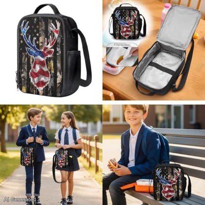 Deer American Flag Boys Camo Backpack with Lunch Box and Pencil Case Water Bottle Pouch 4PCS Set Bookbag with Front Pocket for School Teens 17 inch School Bag for Back to School Season - color: Deer American Flag Camo