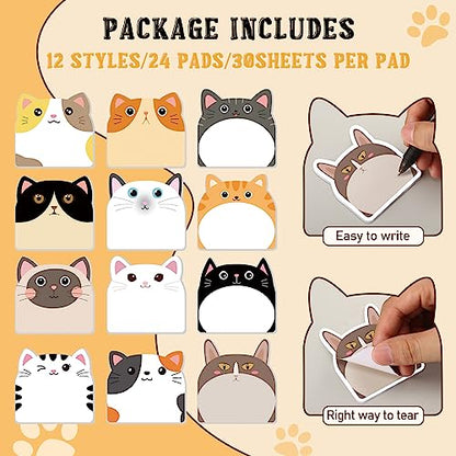 Yinder 24 Pads Cute Cat Sticky Notes Kawaii Animal Sticky Notes Pads Bulk Fun Cartoon Memo Pad Self Adhesive Tab Back to School Gift for Teacher Student Classroom Veterinary Cat Office Supplies - style: Cats