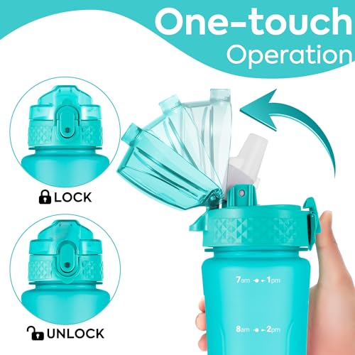 OLDLEY Kids Water Bottle with Straw for School Girls Boys, 15 oz Unbreakable Leak-Proof BPA-Free Motivational Water Bottles with Times to Drink for Travel Sports Gym, 1 Straw Lid, Mint - color: A-Mint, style: Straw Lid