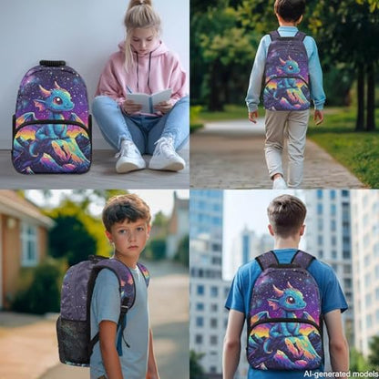 Dragon Starry Print Backpack Set for School Kids, 4PCS Book Bag with Lunch Bag Pencil Case Water Bottle Sleeve Back to School Supplies - color: Dragon Starry