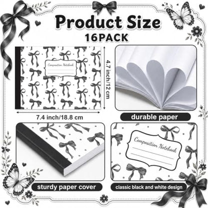 16 Pack Mini Composition Notebooks Bulk College Ruled 7.4'' x 4.7'' Black Bow Half Size Composition Books 80 Pages Small Pocket Journal Books Back to School Gift for Student Teacher Office Supplies - color: Black Bow