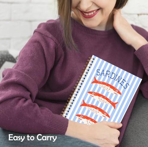 XUNLURY Red Sardine Coastal Beach Notebook, Nautical Blue Striped Aesthetic Journal, Sardine Gifts Journal, Gifts for Fishing Lovers Hardcover Spiral Notebooks, 5.5x8.3 Inch - color: Color_G