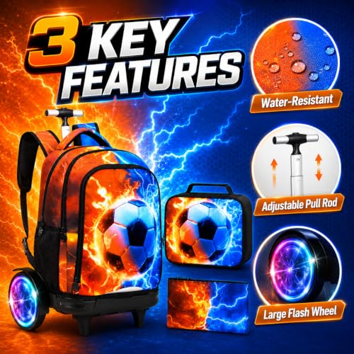 AGSDON Quiet Rolling Backpack with Lunch Box Set – Large Luminous Wheel Water‑Resistant Wheeled Bag for School, Outings, and Travel | Fire-Lightning Soccer 3‑Piece Organizer Backpack - color: Large Luminous Wheel Rolling Fire-lightning Soccer