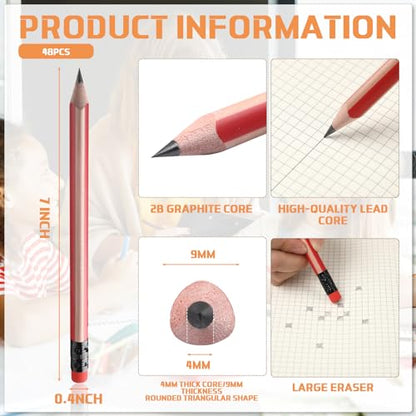 Seajan 48 Pcs 2b Jumbo Pencils, Big, Fat, Thick, Triangular Grip 7 Inch Large Pencils Refill with Eraser for Beginners Office Christmas Gifts(Red) - color: Red, style: 2B