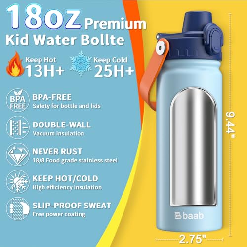 baab 18oz Kids Water Bottle, Insulated Kids Water Bottle with Lockable Spout Lid & Stickers, 18/8 Stainless Steel Vacuum Leakproof Kid Water Cup for Boy Girl & School (Navy Blue+Grey, 2 Pack) - color: Navy Blue+Grey, size: 18 Ounces