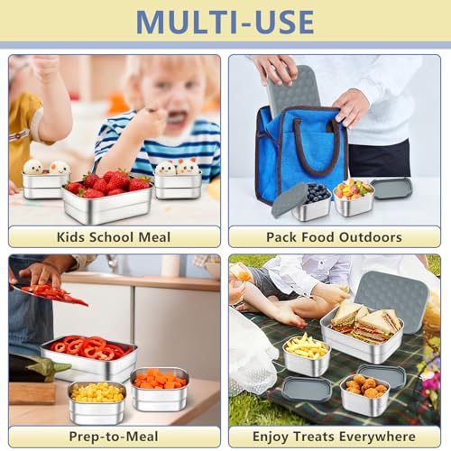 TeamFar Stainless Steel Lunch Box, Food Snack Storage Bento Containers with Silicone Lids for Kids Adults to School Work, Kids Friendly & Dishwasher Safe, Leak-Proof & Easy Open, 25OZ + 8OZ*2 (Grey) - color: Gray