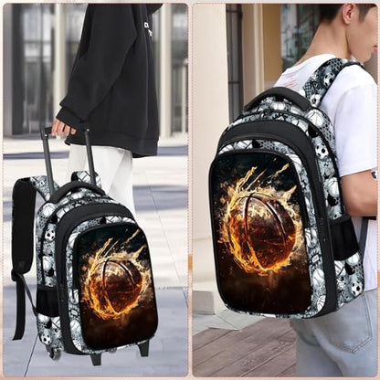 Boys Rolling Backpack for Kids - Basketball Kids Rolling Backpack with Wheels for Elementary Middle School Students - Sport Roller School Bookbag Aged 6-18, Wheeled Travel Bag Large Capacity - color: Basketball-002-backpack Only