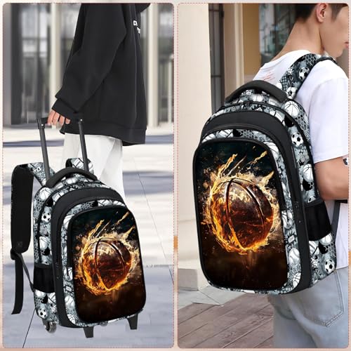 Boys Rolling Backpack for Kids - Basketball Kids Rolling Backpack with Wheels for Elementary Middle School Students - Sport Roller School Bookbag Aged 6-18, Wheeled Travel Bag Large Capacity - color: Basketball-002-backpack Only