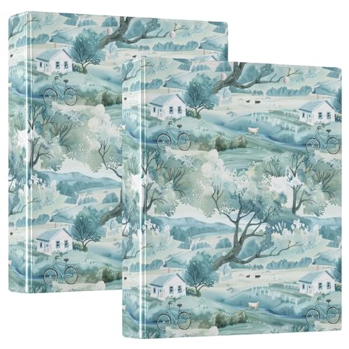 Blue White Countryside Cow Bike 3 Ring Binder 1.5" Decorative D-Ring Binder with Clipboard&3 Clear Pockets, Holds 200 Sheets A4 Size Paper Waterproof Binders for School Home Office|2 Pack - color: Countryside Cow Bike, size: 12.4x10.63x2.36 Inch-2 Pack