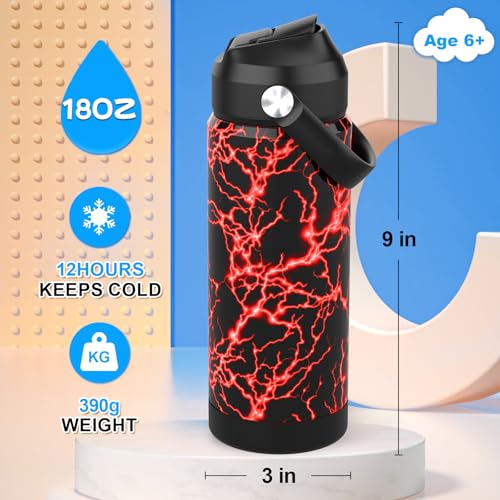 Boys Girls Water Bottle with Straw,18 oz Kids Insulated Cups with Stainless Steel Leak Proof for School,Sport&Travel（Lightning-Red） - color: A15.Lightning-R