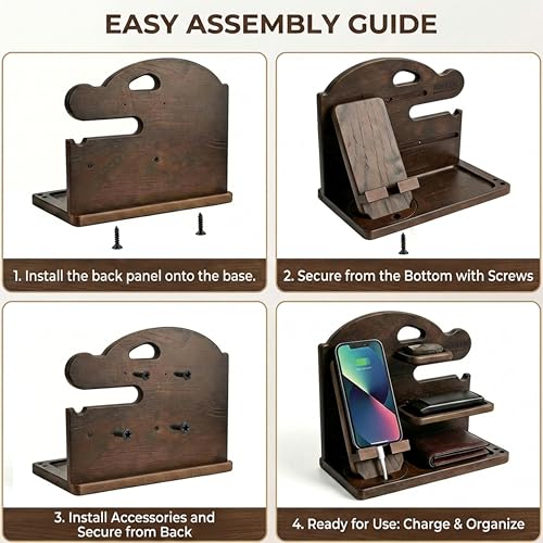 Wooden Phone Docking Station for Men, Solid Wood Nightstand & Desk Organizer, Ideal Gift for Dad and Husband