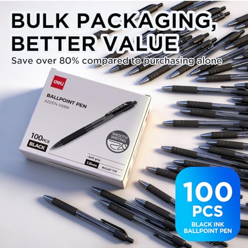 deli Pens Bulk,100 Pack Ballpoint Pens Black Ink 1.0MM Medium Point | Smooth Writing Retractable Pen with Soft Grip, No Bleed ,Fast Dry for Office School Home Use - color: Black, size: 100 PCS