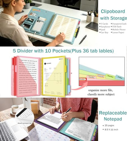Blue Foldable Spiral Clipboard Folio with Storage Zipper Pouch, 5 Plastic Folders with Pockets,Refillable Lined Notepad (8.5" x 11"), Hardcover Project Organizer with 39 Stickers - color: Blue