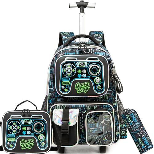 Rolling Backpack Boys Kids Backpacks with Wheels 3PCS School Back Pack with Lunch Box Bookbag Preschool Senior Kid Year Book Bag Kindergarten Gamepad - color: Gamepad