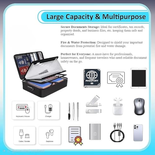 Fireproof Document Organizer Bag with Lock – Waterproof File Folder with 13 Labeled Pockets for Secure Document Storage for Home, Office & Travel