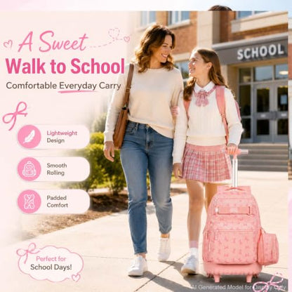 AGSDON Playful Bow Print Girls Rolling Backpack Set – 20” Roller Bookbag with Matching Lunch Box for Travel, Commute & School | Water-Resistant Fashion Wheeled Organizer in Pink - color: Rolling Backpack Set - Bow Pink