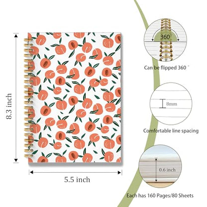Peach Fruit Spiral Notebook, Peach Gifts Journal, Fruit Lover Gifts, Cute Peaches Fruits Botanical Hardcover Notebook Journal, 5.5x8.3 Inch - color: Peach