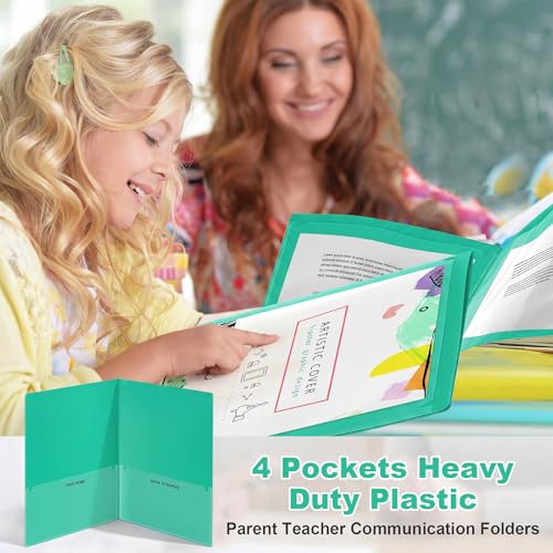 Henoyso 24 Pcs Plastic Folders with Clear Front Pockets Heavy Duty Take Home Back to School Pockets Homework Folders for School Students Parent Teacher Classroom Communication (Green) - color: Green