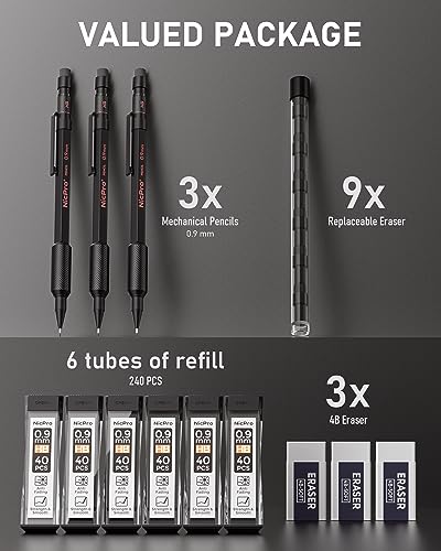 Nicpro 0.9 Metal Mechanical Pencil Set with Case, 3PCS Hevey Duty MP2000 Lead Pencil With 6 Tube HB Lead Refills 0.9mm, Erasers, Weatherproof Barrel for Outdoor Writing Drafting Drawing Sketching - size: 1 Count (Pack of 3)