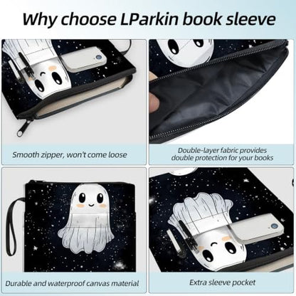 Padded Book Sleeve with Zipper & Front Pocket, Fabric Book Cover | Cute Ghost Starry Sky Space11.4"x8.7" Washable Canvas Pouch for Hardcovers, Tablets & Reading Accessories - color: Cute Ghost Starry Sky Space