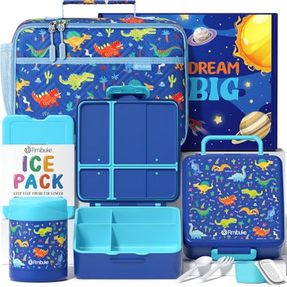 Fimibuke Kids Bento Snack Lunch Box with 4 Compartment, Insulated Lunch Bag, Stainless Steel Vacuum Thermo Food Jar, Ice Pack, Utensils Set, Birthday Gifts for Age 3-12 Back to School Toddler Girl Boy | Lunch Box Kids with 4 Compartment, Food Jar, Ice Pac