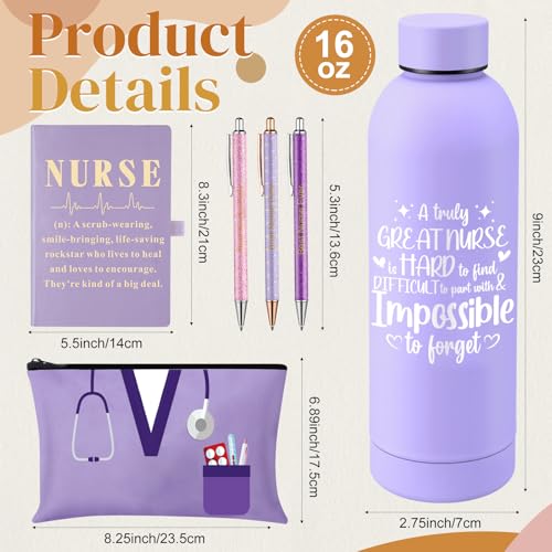 6 Pcs Nurse Gifts Set for Women Men, Rn Appreciation Thank You Gift for Nurses Week Graduation Birthday, 16oz Vacuum Insulated Water Bottle, Makeup Bag, Notebook, Ballpoint Pens(Purple) - color: Purple