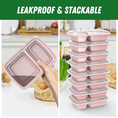Dealusy 50 Pack (100-Piece) 28 oz Meal Prep Containers Reusable with Lids 2-Compartment, Sturdy Leakproof Food Safe, Microwave Freezer Dishwasher Safe, To Go Take Out Plastic Food Storage, Pink - color: Pink
