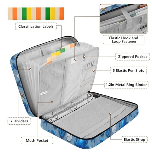 Heavy-Duty 3-Hole Ring Board Binder Organizer Bag with 7-Pocket Expandable Filing Layer and Mesh Storage Pouch for Executive Workflows Blue Crabs