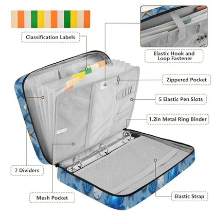 Heavy-Duty 3-Hole Ring Board Binder Organizer Bag with 7-Pocket Expandable Filing Layer and Mesh Storage Pouch for Executive Workflows Blue Crabs