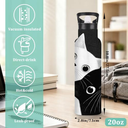 Insulated Water Bottle,Two Cats 20 oz Stainless Steel Water Bottles with Straw Lid,Black White Leak Resistant Double Insulated Flask with Handle,Fits Cup Holder,Keeps Drinks Cold - color: Two Cats,Black White