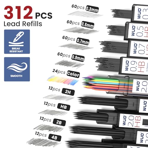 WUO Metal Mechanical Pencil Set, 5-Pack 0.3mm 0.5mm 0.7mm 0.9mm 2.0mm Drafting Pencils with 312 Lead Refills, Precision Eraser Pen, Erasers & Sharpeners for Drawing, Sketching, Writing - color: Grey, size: 0.3/0.5/0.7/0.9/2.0