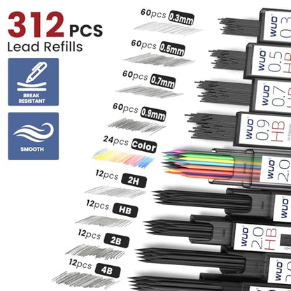 WUO Metal Mechanical Pencil Set, 5-Pack 0.3mm 0.5mm 0.7mm 0.9mm 2.0mm Drafting Pencils with 312 Lead Refills, Precision Eraser Pen, Erasers & Sharpeners for Drawing, Sketching, Writing - color: Grey, size: 0.3/0.5/0.7/0.9/2.0
