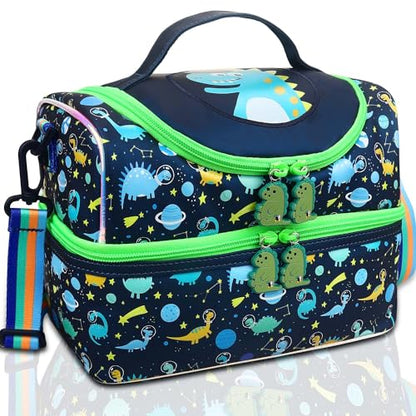 RHCPFOVR Kids Lunch Bag - Double - Decker Cooler Insulated Lunch Box for Boys Girls,Washable Lunch Bag with Strap and Reusable Toddler Lunchbox for School and Daycare - color: Dark Blue Dinosaur