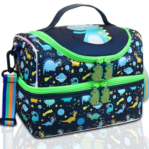 RHCPFOVR Kids Lunch Bag - Double - Decker Cooler Insulated Lunch Box for Boys Girls,Washable Lunch Bag with Strap and Reusable Toddler Lunchbox for School and Daycare - color: Dark Blue Dinosaur