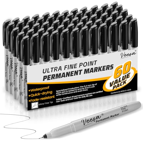 VEESA Permanent Markers Ultra Fine Point (0.4mm), Black, 60 Count | 1 Second Quick Drying, Waterproof, Fade-Resistant - size: 1 Count (Pack of 60)