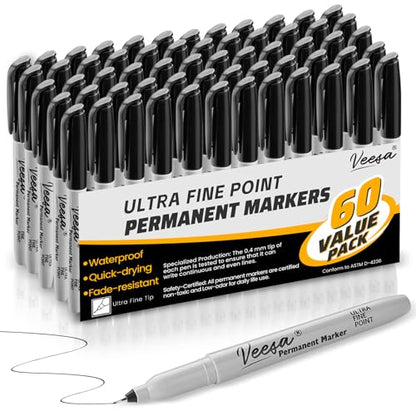 VEESA Permanent Markers Ultra Fine Point (0.4mm), Black, 60 Count | 1 Second Quick Drying, Waterproof, Fade-Resistant - size: 1 Count (Pack of 60)