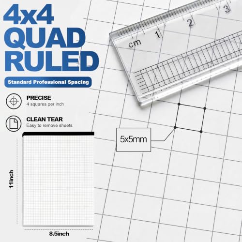 BOOKNOW Graph Paper Legal Pad 2-Pack, 8.5"x11", 4x4 Quad Ruled, 100 Sheets | White 65gsm Paper, Perforated Top Edge, Bleed-Resistant FSC Paper, for Back to School, Office, Math, Drafting, Drawing