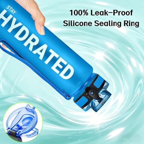 32oz Water Bottle with Time Marker, Leakproof & Motivational Gradient Design, BPA Free, Wide Mouth with Easy Clean Brush for Gym, Travel, Home & Office (Blue) - color: Blue