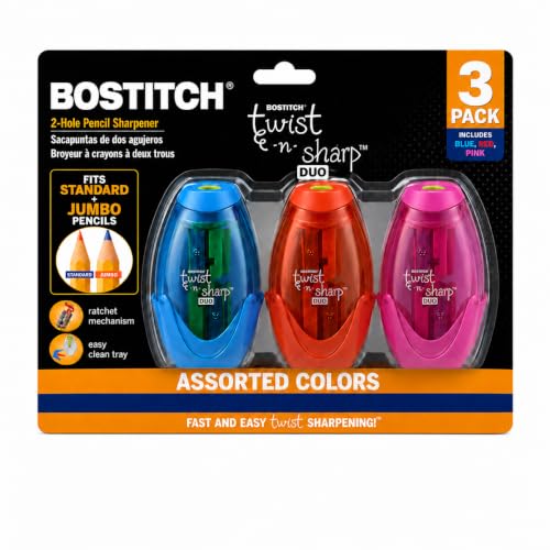 Bostitch Office Pencil Sharpener, Manual, Twist-n-Sharp with Shavings Tray, Kids, Boys, Girls, Colored Pencils, 3-Pack, Blue, Orange, Pink - size: 3-Pack
