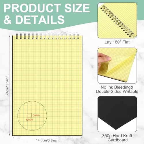 Engrowtic 6 Pack Graph Paper Spiral Notepad A5 Top Wirebound Notepad Grid Notebook Steno Pad Memo Notebook Grid Paper 140 Pages for Writing Sketching Drawing Office Supply(Black (internal Yellow)) - color: Black(internal Yellow)