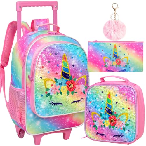 WZLVO 4PCS Rolling Backpack for Girls,Kids Unicorn Bookbag with Roller Wheels, Suitcase School Bag Set for Toddler Elementary - color: Unicorn Pink