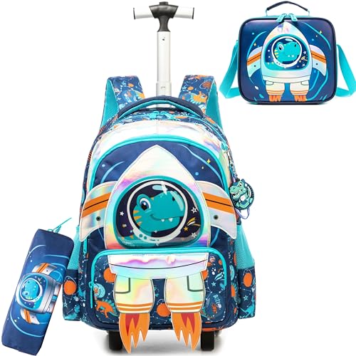 Kids Rolling Backpack with Wheels for Boys Elementary Students Kids Travel Luggage Carry on School Backpack for Boys Ages 6-8 - color: 01 Blue