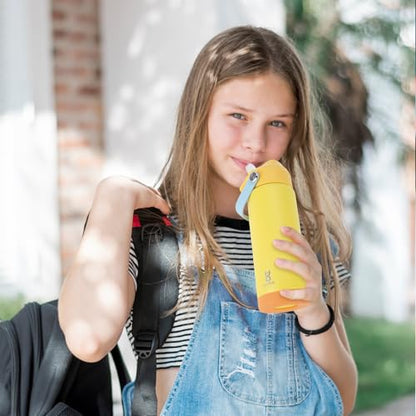 18oz Kids Insulated Water Bottle with Straw Lid & Silicone Handle,Kids Leak Proof Water Bottle for School Boys Girls,Double Wall Vacuum Stainless Steel with Non-slip Silicone Base(Yellow) - color: Yellow, size: 18 Ounces
