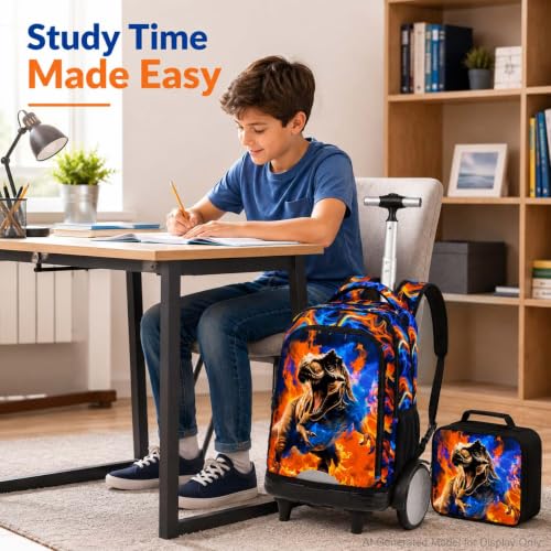 UFNDC Big Wheel Rolling Backpack for Boys, Water-Resistant Wheeled School Bag with Lunch Box & Pencil Case, 3-Pack Kids Roller Bookbag Travel Set - Fire Dinosaur - color: Rolling Backpack Fire Dinosaur Orange