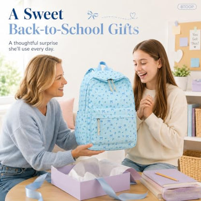 BTOOP School Backpack for Teens Large Cute Bookbag Lightweight 15.6 inch Laptop Bag for Girls Women Casual High School College - color: Blue Bow