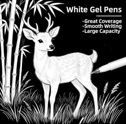 6Pcs White Acrylic Ink Pens for Black Paper– Fine Point White Gel Pens, Long Nib Marker, Dual-Tip Opaque Paint Pen, Brush Tip Acrylic Markers for Drawing, Sketching, Illustration, Card Making