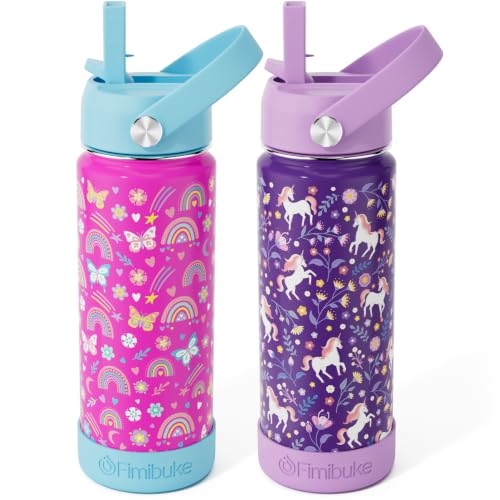 Fimibuke Kids Insulated Water Bottle, 18oz BPA FREE Kids Cup with Straw Double Wall Vacuum Travel Tumbler 18/8 Stainless Steel Leak Proof Toddler Water Bottle for School Boys Girls, 2 Pack - color: Butterfly & Unicorn