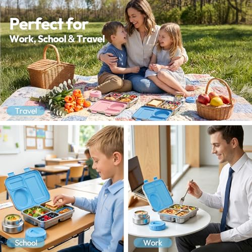 Stainless Steel Bento Lunch Box with 8oz Insulated Food Jar, 3 Compartment Metal Bento Lunch Container for Kids & Adults with Silicone Container and Food Thermo for Work & School, BPA-Free(Blue) - color: Blue