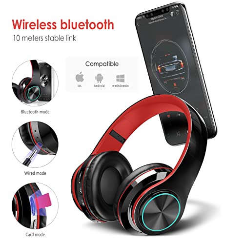 2022 Wireless Bluetooth Headphones,Colorful LED Lights Comfort Over Ear Foldable Headset with Built-in Microphone,FM,SD Card Slot,Wired for School/Tablet Computer/PC/TV/Cellphones/Travel - color: Red