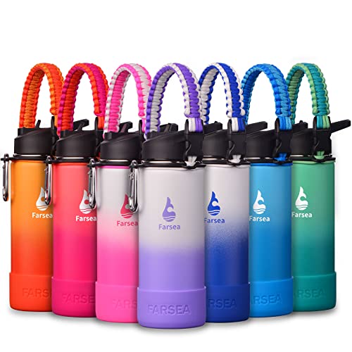 Farsea Insulated Water Bottle With Paracord Handle, Protective Silicone Boot and 2 Lids (Straw Lid & Spout Lid), Stainless Steel Water Bottle Wide Mouth, Double Wall Sweat-Proof BPA-Free, 18 oz - color: White/Purple, size: 18 Ounces